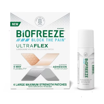 Biofreeze Joint and Muscle Pain Relievers Professional Roll-On 3 fl oz + Lidocaine Ultraflex Patches - 4ct